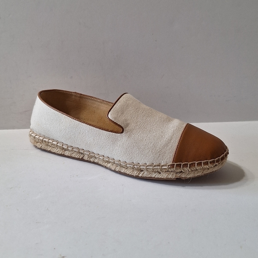 Talbots Tan Cream Classic Preppy Izzy Espadrille Memory Foam Canvas Flats Size 8